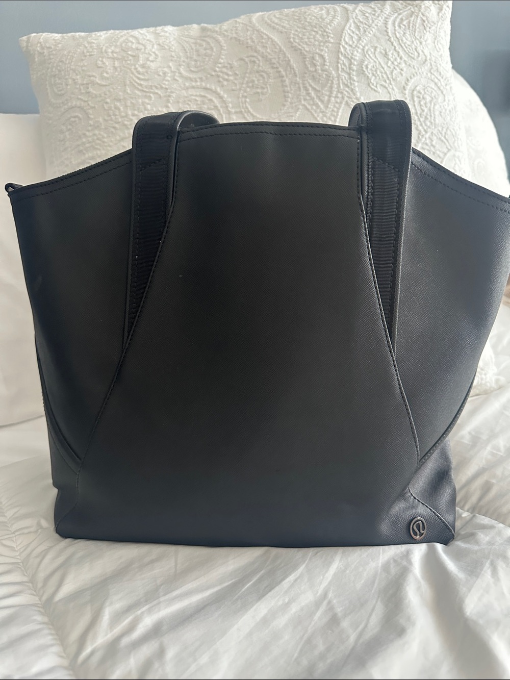 Lululemon Black Leather Tote Bag – Includes Long Strap + Small Makeup Pouch